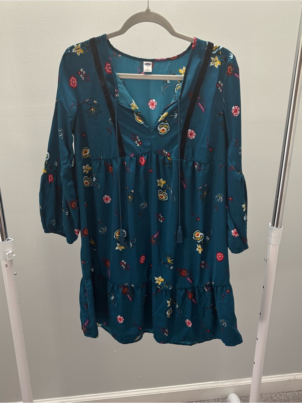 Old Navy Teal Floral Babydoll Dress with Tassel Ties and 3/4 Bubble Sleeves